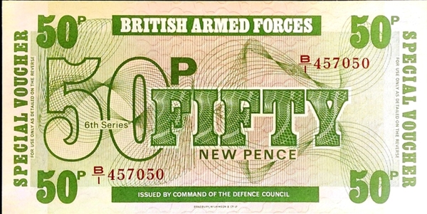 Cédula militar britânico, especificamente um British Armed Forces Special Voucher de 50 pence (50p)