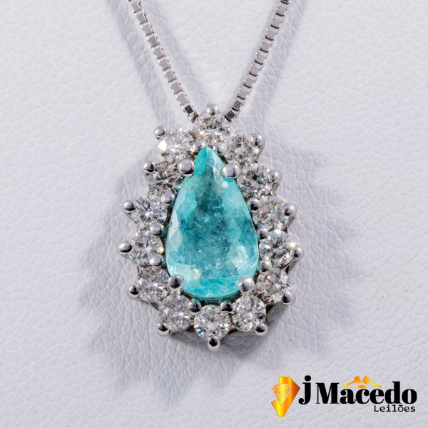Colar Ouro Branco 18k com pintente 1 turmalina paraiba de 2ct com diamantens Tamanho 42cm Peso 6,5g