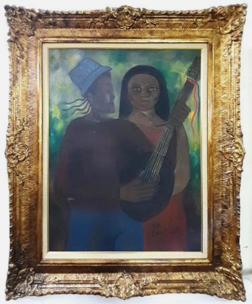 EMILIANO DI CAVALCANTI, ÓLEO SOBRE TELA, SERENATA,  80 X 61 cm.  OBRA ACOMPANHA DOCUMENTO DE AUTENTI