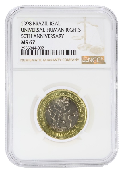Moeda do Brasil - 1 Real - 1998 - 50 Anos da Declaração dos Direitos Humanos DH - Graduado pela NGC 67 - Flor de Cunho - Bimetálica