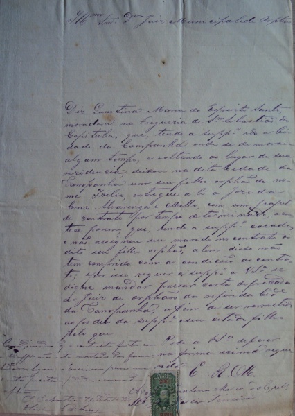 Selo do Brasil. Selo fiscal de 200 réis sobre documento de petição judicial da época do Império. Período provável entre 1866 e 1876. Peça rara. Ótima conservação.