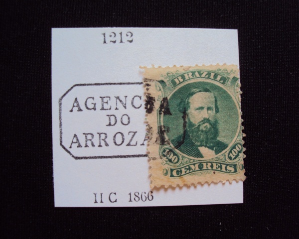 Selo do Brasil, Dom Pedro II 1866, 100 réis tipo 1a, RHM 27. Com carimbo Agência do Arrozal.
