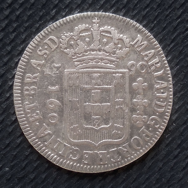 Moedas do Brasil, 160 réis, 1790, Brasil Colônia. Catálogo Bentes 296.04 marca 1.300,00. Moeda SOB. Meia pataca. Valor e florões sem pontos
