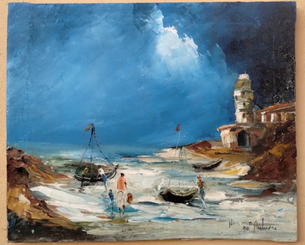 NORMA AUTUORI , (1935 a 2012). OST, 60 x 50 cm (sem moldura somente o chassis), datado de 1990 ACID . PAISAGEM COM PRAIa;  Seus trabalhos espatulados a óleo vem sendo apresentado no Brasil e no exterior. A técnica adquirida através de seus pais, artistas consagrados, vem sendo admirada por todos. Em suas obras a artista retrata colheitas, marinhas, casarios, palhaços dentre outros temas impressionistas. Norma participou de várias exposições, em Brasília e outras capitais, apresentando sua arte e recebendo premiações e méritos.