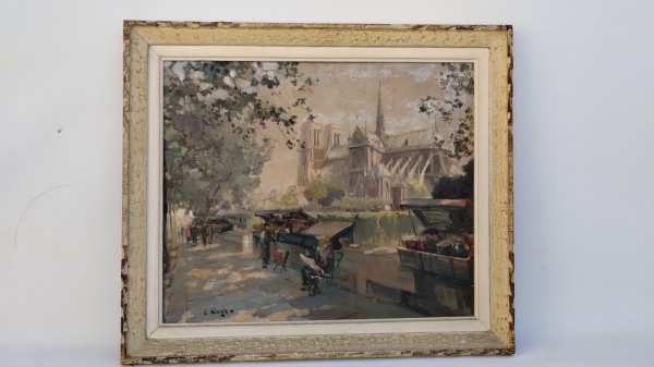 CONSTATIN KLUGE - (1912-2003 obra do mestre pintor de Paris, nascido na Letônia, conhecido por capturar a vibração da cultura do café e seus arredores)  NOTRE DAME PARIS FRANÇA O.S.T, obra muito antiga precisando pequenos reparos, tela assinada no CID. medidas das tela 63cm x 53cm, emoldurada 78cm x 66cm.