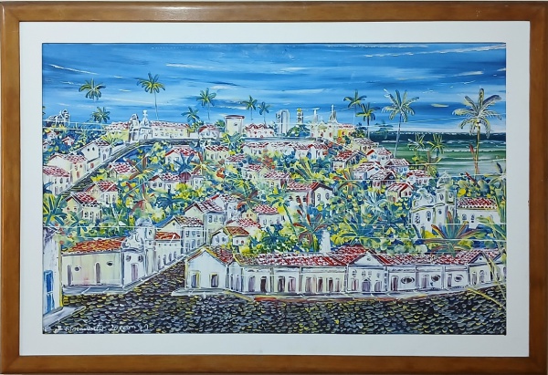 Zé Som 1951/2020 - Linda paisagem, casarios, quadro óleo sobre