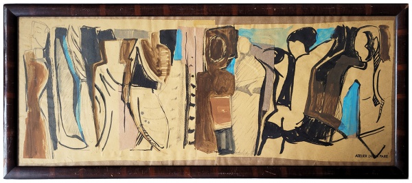 Zaven Paré (1961). SEGUNDO ESTUDO PARA MURAL BOULEVARD RENÉ LEVESQUE. (Montreal, 1990). Nanquim e guache sobre colagem. 25 x 59 cm. Emoldurado.