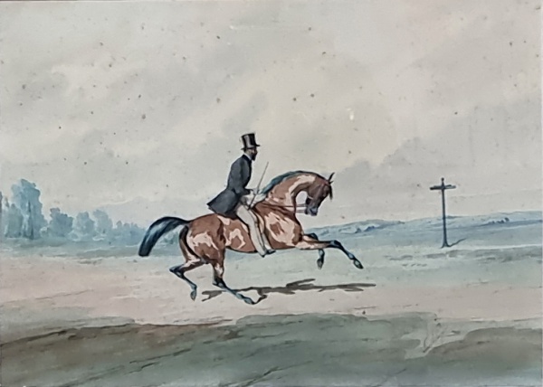 Jonny Audy (França, 1840 C.-1880 C.). CAVALO E CAVALEIRO. Aquarela sobre papel. 29,5 x 45 cm (mi); 54 x 74 cm (me). Assinada e datada no cid. Moldura em madeira. Proteção de vidro. Passepartout novo. Moderno emolduramento, de fácil desmontagem, para eventual acesso à obra. Leia mais: Jonny Audy foi um artista francês do século XIX, ativo em Paris, que se especializou em pinturas e aquarelas de temas militares e equestres. Teria exposto no Salão de Paris entre 1872 e 1876.