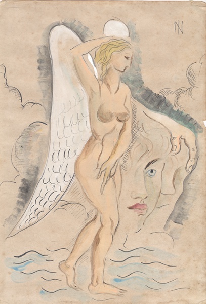 Ismael Nery (1900-1934). ANJO MULHER. Aquarela e nanquim sobre papel. 17,5 x 22,5 cm (mi); 69 x 61 cm (me). Assinado no csd com o monograma típico do artista. Ricamente emoldurado. Vidro antirreflex. Pertenceu a coleção de conceituado marchand e restaurador do Rio de Janeiro.