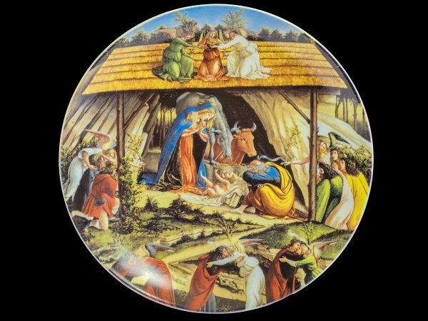 VISTA ALEGRE - PORTUGAL - FESTA DE NATAL 2004 - Decoração Exclusiva - Belíssimo Prato de Coleção, em fina porcelana portuguesa, com reprodução de Detalhe do Quadro Nativdade Mística, de Sandro Botticelli, existente na Galleria Nacional , Londres, Iglaterra. Diâm.: 20 cm. Na caixa original. xc