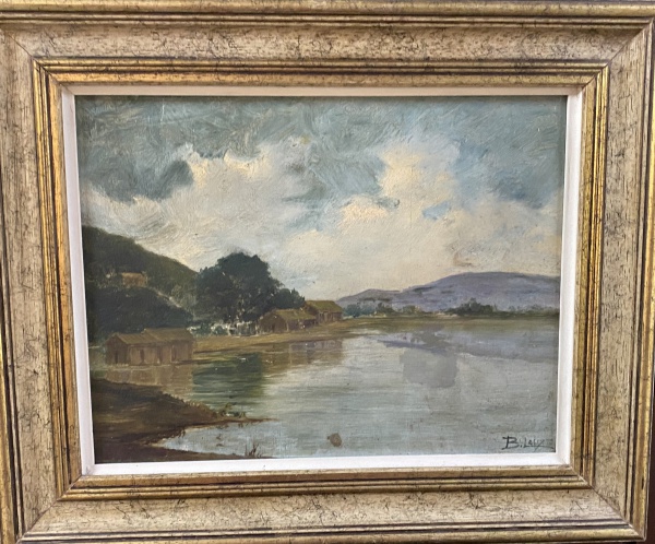 BENEDITO LALIXTO QUADRO óleo SOBRE TELA PAISAGEM COM RIO E CASAS 26X33.