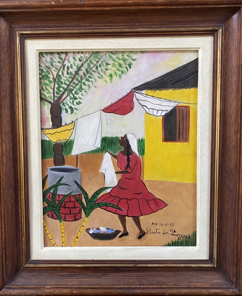 HEITOR DOS PRAZERES óleo SOBRE TELA RIO 15-8-63 MULHER  ESTENDENDO ROUPA 30X40.