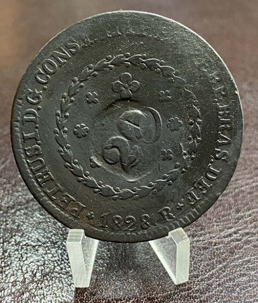 MOEDA DO BRASIL IMPÉRIO 40 RÉIS 1828 R COM CARIMBO GERAL DE 20 24 TULIPAS  COBRE.