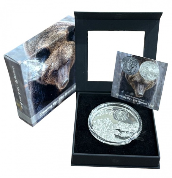 MOEDA DA REPÚBLICA DE GHANA 50 CEDIS 2024 - URSO PARDO 5 OZ PRATA 0.999 - PESO: 155.5 DIÂMETRO: 65mm. ACOMPANHA ESTOJO E CERTIFICADO.