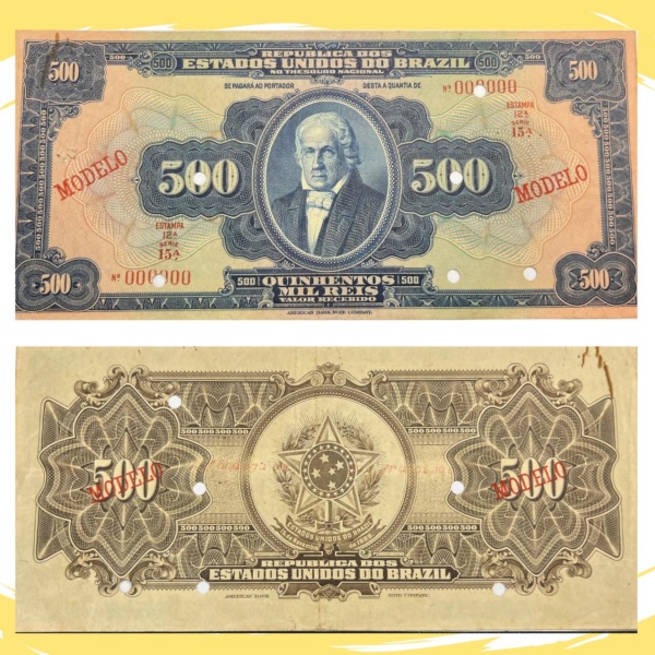 Rarissima Cédula do Brasil, República - MODELO - R-160m - 500 Mil Reis 1918 - 12ª Estampa - Soberba com manchas - Alto Valor de Catálogo