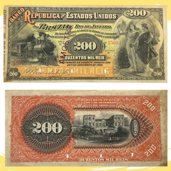 Rarissima Cédula Particular, República, " AMOSTRA ", BRASIL - 200 Mil Réis 1890 - BANCO DA REPÚBLICA DOS ESTADOS UNIDOS DO BRAZIL - 1ª Estampa - Impressão American Bank Note Company - Excepcional estado de Conservação - Avaliada em R$ 30.000