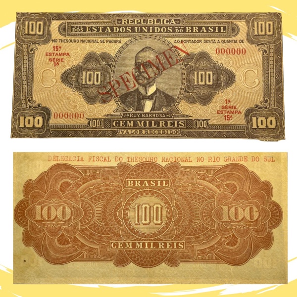 Rarissima Cédula Brasileira, República, " SPECIMEN " - R-140s - 100 Mil Réis 1924 - Thesouro Nacional - 15ª Estampa - Soberba/Flor de Estampa - Catalogo marca R$ 30.000