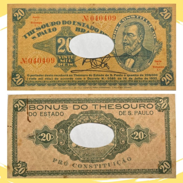 Rarissima Cédula do Brasil, República - 20 Mil Reis 1932 - Bônus da Revolução Constitucionalista de 1932 - Thesouro do Estado de São Paulo - 2ª Estampa - 1ª Série - Autografada - Excelente conservação - Avaliada em R$ 10.000