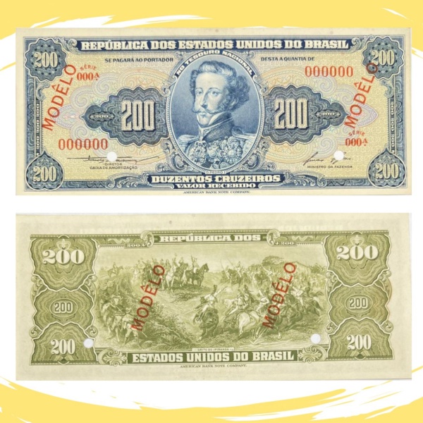 Cédula Brasileira - Republica - MODELO - 200 Cruzeiros 1958 - C-039m - 1ª Estampa - Flor de Estampa com leves manchas - Alto Valor de Catálogo