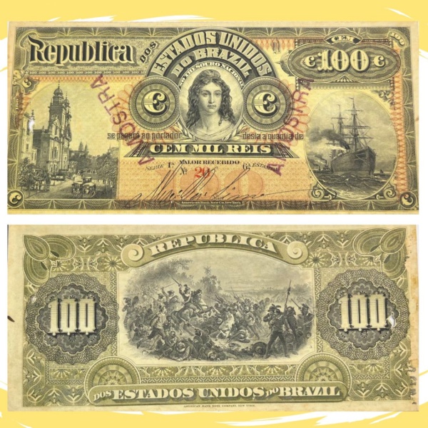 Rarissima Cédula Brasileira - Republica - AMOSTRA - 100 Mil Reis 1890 - R-131o - Série 1º - Nº 20 - Excelente Conservação - Observar pequeno furo do lado esquerdo da Cédula - Avaliada em R$ 5.000