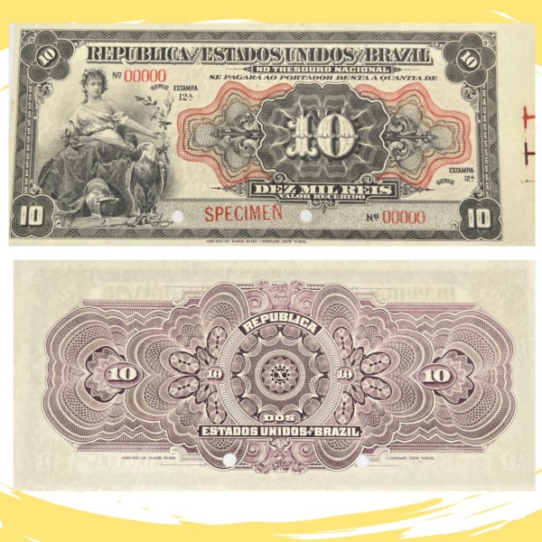 Rarissima Cédula Brasileira, República, " SPECIMEN " - R-105s - 10 Mil Réis 1911 - 12ª Estampa - Thesouro Nacional - Flor de Estampa - Alto Valor de Catálogo