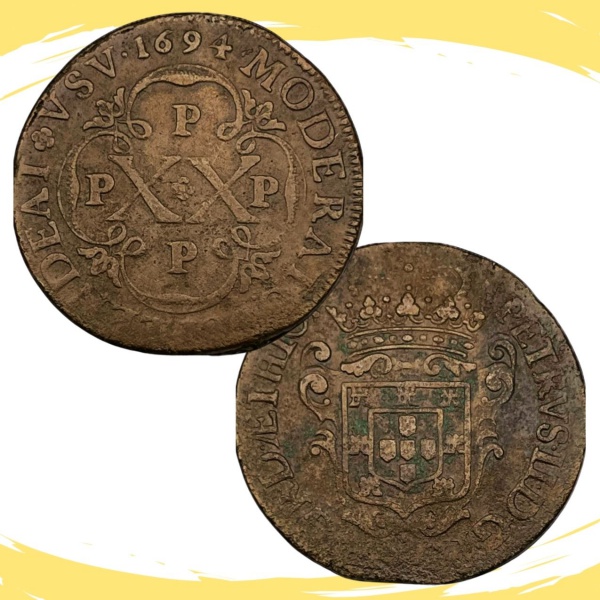 Moeda do Brasil - Colonia - XX Réis 1694 PPPP - Casa da Moeda do Porto - Cunhadas para Angola e Mandadas Circular no Brasil, Cobre - Muito Rara - Excelente Conservação - Alto Valor de Catálogo