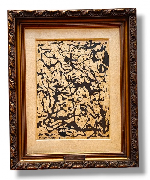 ATRIBUÍDO Jackson Pollok  sem título tinta esmalte sobre papel. Medida da obra 33,5 X 25 cm assinado no Canto inferior esquerdo, com etiquetas no verso segue transcrito o verso Jackson Pollock - One Jackson Pollock - Ohne titel - Jackson Pollock unterzichnete -Linke untere ecke -Emaille auf Howell - Papier - GrUsse 33,5 x 25 - Sammlung - Nicolae Ceausescu titel - Jackson Pollock unterzichnete - Linke untere ecke -Emaille auf Howell-Papier -  - GrUsse 33,5 x 25 - Sammlung Nicolae Ceausescu.Médica com moldura 51x 41 cm.