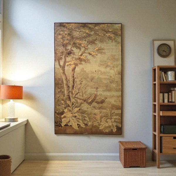 Rara tapeçaria francesa Aubusson Verdure, séc. XVIII, representando Paisagem de floresta com pássaros, vegetação e casas ao fundo, 218 X 130 cm, pequenos desgastes do tempo, mas no global em bom estado de conservação, vendida no estado.