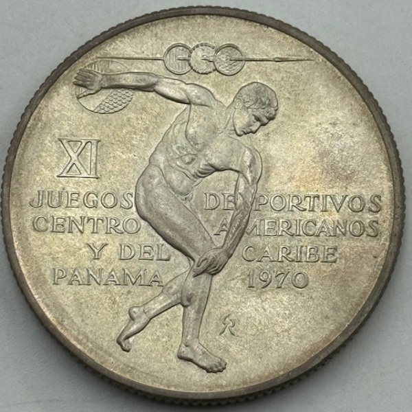 Moeda Panamá República, 5 balboas, 1970. XI Jogos esportivos da América Central e do Caribe em Panamá. Prata 925, 35.7 g - FC
