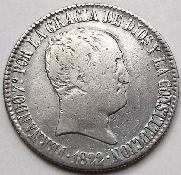 Espanha - Moeda prata 20 Reales ano 1822 no estado MBC. Peso: 26,5g.
