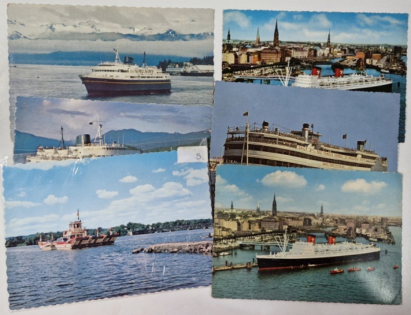Tema "Navios" - 6 Antigos Postais estrangeiros e sem uso.