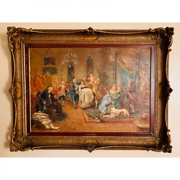 Antigo quadro com pintura óleo sobre tela destacando cena galante europeia com rica moldura entalhada em madeira.