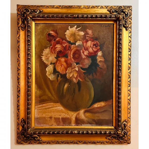 Antigo quadro com pintura óleo sobre tela destacando jarro com flores.