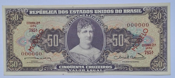 C093mFEL1 - Cedula Brasil - 50 cruzeiros (2a. est.) - Reginaldo/M.Calmon - serie 785 - MODELO - Valor Catalogo - R$ 2000