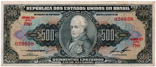 C102SFL2 - Cédula Brasil - 500 Cruzeiros - RARA - Claudionor S. Lemos/Lucas Lopes - Ultima Serie - Valor Catalogo - R$ 4300,00