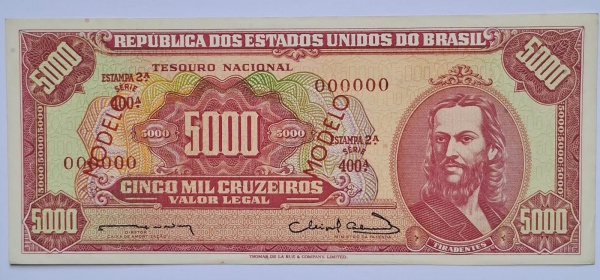 C107mFEL1 - Cedula Brasil - 5.000 cruzeiros (2a. est.) - Reginaldo/M.Calmon - serie 400 - MODELO - Valor Catalogo - R$ 2000