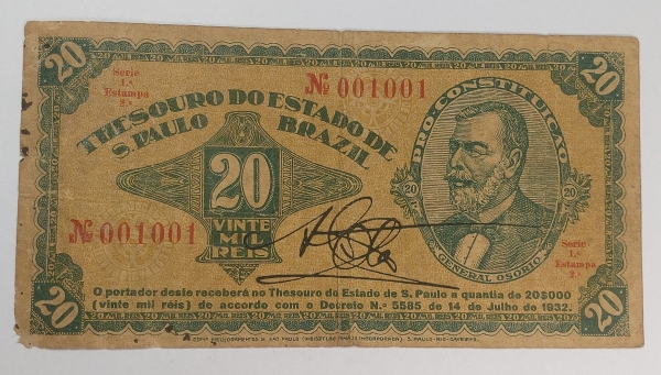 Cédula Brasil, Thesouro do Estado de S. Paulo, 20 mil réis, bem conservada