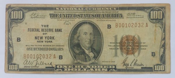 Cédula estrangeira, Estados Unidos, 100 dólares, New York, 1929, com restauro de fita adesiva na parte central superior