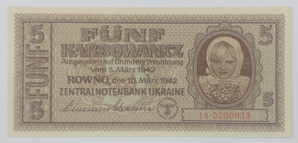 Cédula estrangeira, Ucrania, 5 karbowanez, 1942, flor de estampa