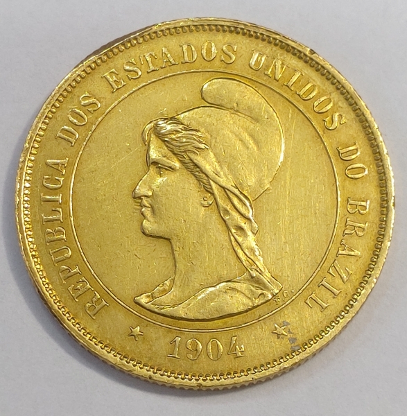 Moeda de ouro Brasil, 10000 réis 1904, 8,90gr, soberba, pequeno limado na borda