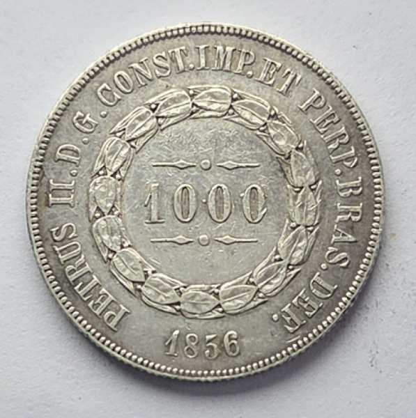 Joias . Brasil Prata - $1.000réis 1856 Império 3º Sistema 2º Tipo (P604). MBC+. Prata ...