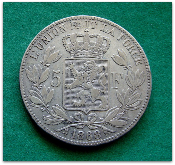 COD.300 - Bélgica - 1868 - KM#24 - 5 Francos - Prata .900 - Leopoldo II - 25g - 37mm - Excelente Estado de Conservação - Oportunidade