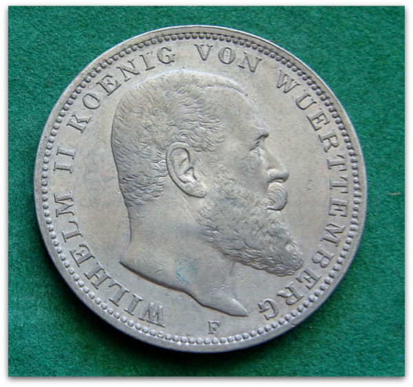 COD.300 - Württemberg - 1909F - Guilherme II - Prata .900 - 16,667g - 33mm - KM#635 - Excelente Estado de Conservação - Oportunidade