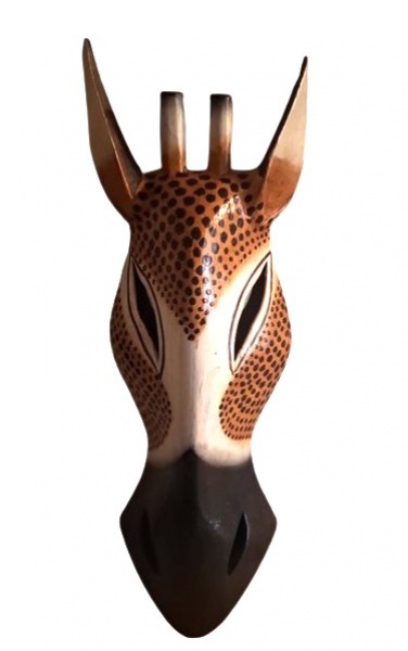 Escultura de girafa em madeira para pendurar na parede. Medida 32 cm.