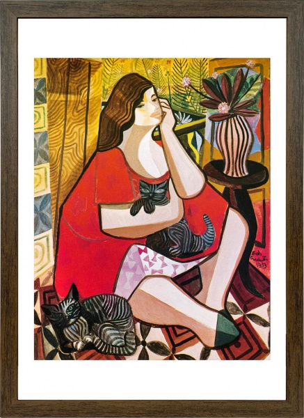 DI CAVALCANTI, E.  -  Rotogravura | Título: Mulher com Gatos | Assinada e datada na chapa: CID / 1959 | Medidas: 32 x 26  cm (mancha) e 42 x 30 cm (externa). Esta reprodução da obra original óleo sobre tela, datada de 1959, acompanha moldura com acetato. Nota: O acetato protege a obra e substitui o vidro, evitando acidentes durante o envio.