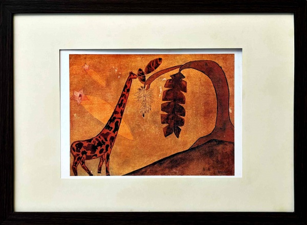 TARSILA DO AMARAL  -  Rotogravura I Medidas: 30 x 42 cm I Título: Girafa | Assinada na chapa: CID. Esta prancha tem como obra original: gouache s/cartão, acompanha moldura com acetato. Nota: O acetato protege a obra e substitui o vidro, evitando acidentes durante o envio.