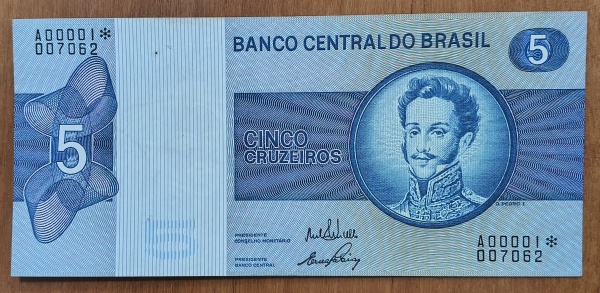 C133A BRASIL 5 CRUZEIROS DELFIN 1970 REPOSIÇÃO SERIE 00001 SOB.