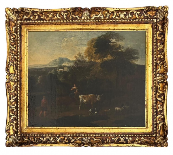 EUROPA SÉX XIX - Obra em óleo sobre tela, paisagem europeia com figuras humanas e animais, proteção de moldura de madeira entalhada em florões e acabamento em folha de ouro. Medida da obra 61 50cm. Medida total 70 x 80cm.