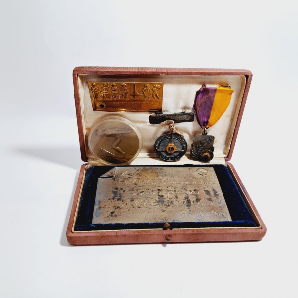 NUMISMÁSTICA - MEDALHAS - coleção de medalhas e placa de homenagem. Medalhas Lions Club e uma medalha comemorativa da Inauguração do Parque Áquatico A.A. Vila Izabel em 1964.