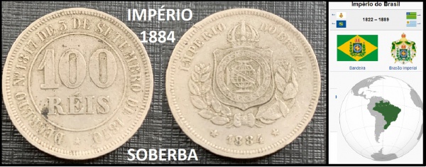 IMPÉRIO - ESCASSA MOEDA DE 100 RÉIS DO ANO 1884 COM PATINA NATURAL E MUITO BOM ESTADO DE CONSERVAÇÃO